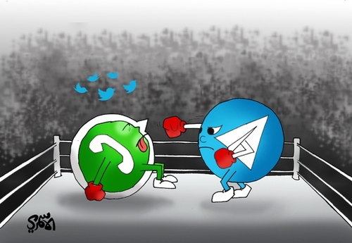 Cartoon: Telegram VS WhatsApp alasmri (medium) by hussein alasmri tagged telegram,vs,whatsapp,alasmri