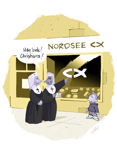 Cartoon: Nordsee ist Mordsee (medium) by Weyershausen tagged fast,nordsee,christen,nonnen,food