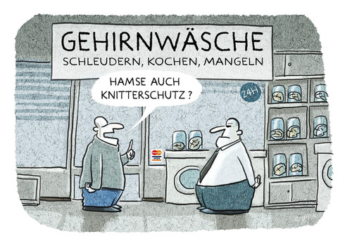 Cartoon: Vorm Vollwaschgang... (medium) by markus-grolik tagged gehirnwaesche,knitterschutz,scheludern,mangeln,kochen,waschen,buntwäsche,brinwashing,gesellschaft,cartoon,grolik