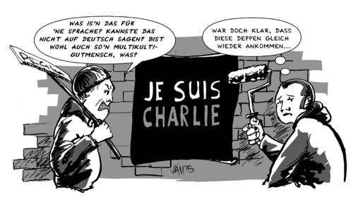 Cartoon: Nous Sommes (medium) by Jaehling tagged jesuischarlie,noussommescharlie,charliehebdo,islamismus,terror,cartoons,zeichner,pegida,multikulti,toleranz