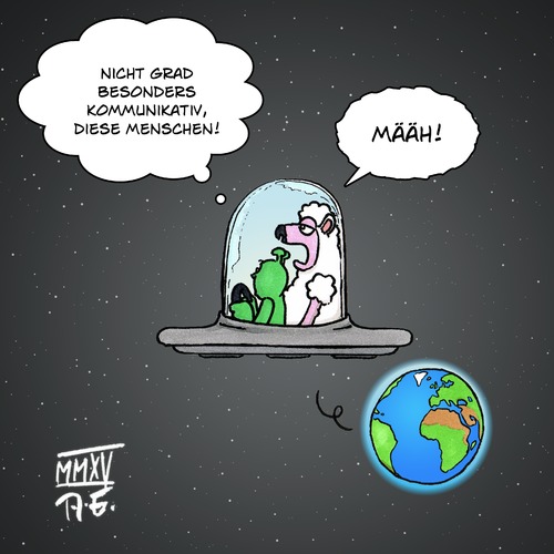 Cartoon: Alien und Schaf (medium) by Timo Essner tagged alien,schaf,menschen,kommunikation,sprache,kommunikationsprobleme,kommunikationsknoten,außerirdische,tiere,entführung,versehen,vertauscht