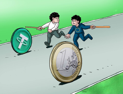 Cartoon: stablecoin (medium) by Lubomir Kotrha tagged bitcoin,banks,cryptocurrencies,dollar,euro,pound,stablecoin,bitcoin,banks,cryptocurrencies,dollar,euro,pound,stablecoin