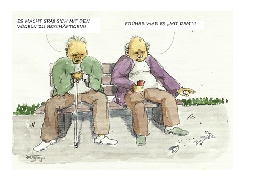 Cartoon: Damals... (medium) by Jori Niggemeyer tagged cartoon,joricartoon,niggemeyer,sehnsucht,erinnerungen,karikatur,vögeln,dem,den,greis,rentner,opa