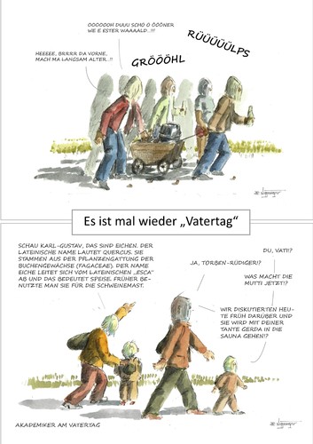 Cartoon: Vatertag Männertag Herrentag (medium) by Jori Niggemeyer tagged saufen,benehmen,laut,gröhlen,bier,ritual,männertag,herrentag,vatertag,mann,eigenartig,spezial,niggemeyer,joricartoon,cartoon