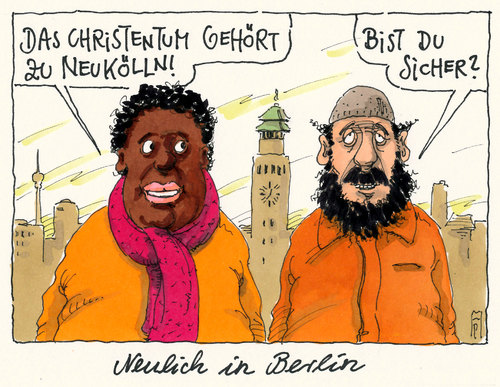 Cartoon: in neukölln (medium) by Andreas Prüstel tagged karikatur,cartoon,christentum,islam,migranten,neukölln,berlin,pruestel,andreas,berlin,neukölln,migranten,islam,christentum,cartoon,karikatur,andreas,pruestel