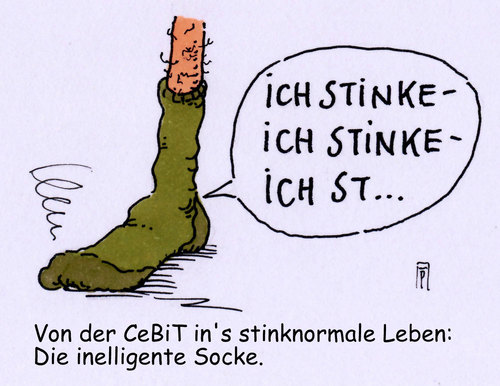 Cartoon: socke (medium) by Andreas Prüstel tagged cebit,hannover,messe,intelligente,kleidung,socke,gestank,cartoon,karikatur,andreas,pruestel