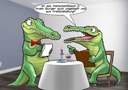 Cartoon: Biofleisch (medium) by Chris Berger tagged krokodil,alligator,freilandhaltung,ungeimpft,fleisch,bio,vegan,krokodil,alligator,freilandhaltung,ungeimpft,fleisch,bio,vegan