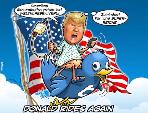 Cartoon: Donald Rides Again (medium) by Chris Berger tagged trump,twitter,covid,pandemie,corona,tweet,krankenhaus,amerika,usa,trump,twitter,covid,pandemie,corona,tweet,krankenhaus,amerika,usa