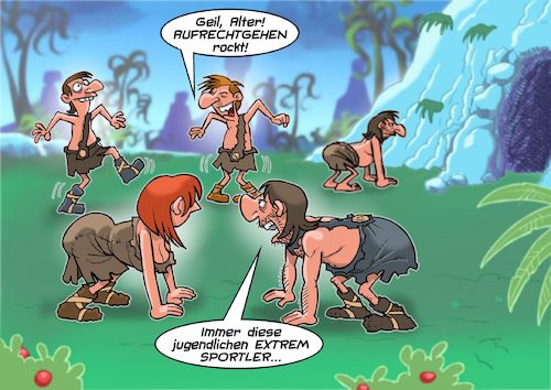Cartoon: Extremsport in der Steinzeit (medium) by Chris Berger tagged steinzeit,aufrechter,gang,primitiv,neandertaler,cro,magnon,lucy,urzeit,steinzeit,aufrechter,gang,primitiv,neandertaler,cro,magnon,lucy,urzeit