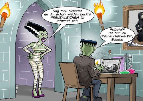 Cartoon: Frankies Internetrecherche (medium) by Chris Berger tagged frankenstein,monster,braut,internet,weird,seltsam,frankenstein,monster,braut,internet,sex,weird,seltsam