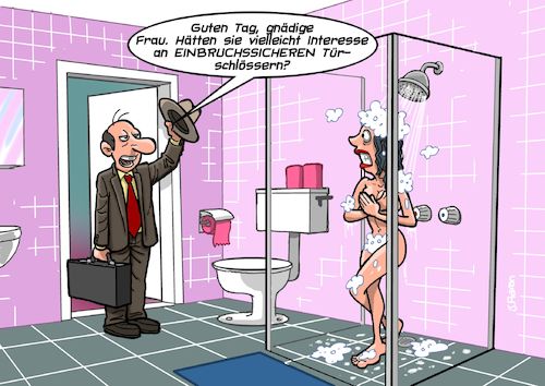 Cartoon: Vertreter (medium) by Chris Berger tagged vertreter,verkauf,einbruchssicher,badezimmer,frau,türschlösser,vertreter,verkauf,einbruchssicher,badezimmer,frau,türschlösser