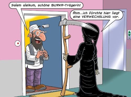 Cartoon: Verwechslung (medium) by Chris Berger tagged tod,burka,muslim,religion,ende,verwechslung,tod,burka,muslim,religion,ende,verwechslung