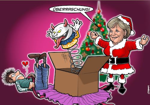 Cartoon: Weihnachtsgeschenk (medium) by Chris Berger tagged wirtschaftskrise,lockdown,pandemie,covid,corona,angi,merkel,wirtschaftskrise,lockdown,pandemie,covid,corona,angi,merkel