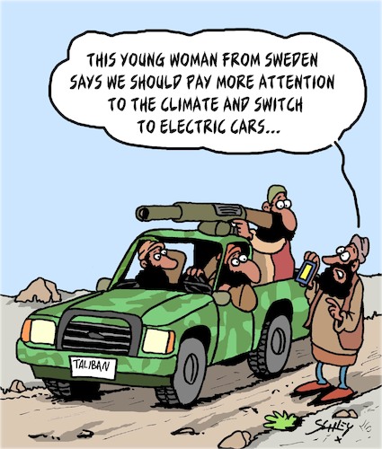 Cartoon: Electric Cars (medium) by Karsten Schley tagged terrorism,muslims,is,taliban,climate,religion,environment,politics,terrorism,muslims,is,taliban,climate,religion,environment,politics