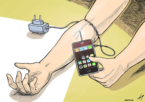 Cartoon: iPhone addiction (medium) by rodrigo tagged iphone,mobile,smart,phone,apple,ipod,ipad,technology,gadget,internet