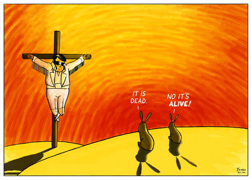Cartoon: Alive! (medium) by Yavou tagged ostern,elvis,jesus,kreuzigung,religion,bibel,hasen,osterhasen