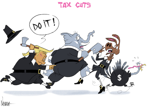 Cartoon: Trump Tax Cuts (medium) by NEM0 tagged donald,trump,tax,reform,cuts,gop,dnc,republicans,dems,democrats,turkey,thanksgiving,settlers,elefant,donkey,donald,trump,tax,reform,cuts,gop,dnc,republicans,dems,democrats,turkey,thanksgiving,settlers,elefant,donkey