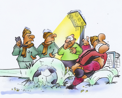 Cartoon: Spielabsagen (medium) by HSB-Cartoon tagged fussball,soccer,schnee,frost,kälte,sport,trainer,spieler,stürmer,torwart,stadion,fußball,illustration,illustrationen,sport