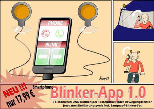 Cartoon: Blinker App (medium) by berti tagged inkscape,traffic,verkehr,fahrrad,auto,blinken,smarthone