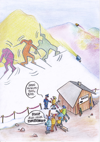 Cartoon: museumspass (medium) by Petra Kaster tagged klimaerwärmung,kunst,kunstschnee,gletscherschmelze,ökologie,klimaschutzz,klimaerwärmung,kunst,kunstschnee,gletscherschmelze,ökologie,klimaschutzz
