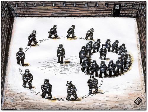 Cartoon: security 2 (medium) by penapai tagged jailbirds,gefängnis,knast,gefangene,kriminalität,aufseher,hof,runde,laufen,freizeit,sicherheit,bodyguard,schutz,gefahr