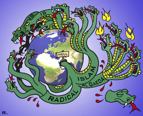 Cartoon: Islamic Terror (medium) by RachelGold tagged islam,terror,snakes,worldwide