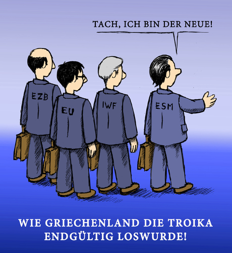 Cartoon: Troika (medium) by Werkmann tagged troika,griechenland,krise,ezb,eu,iwf,esm,kontrolle,aufsicht,gremium,forderungen,reform