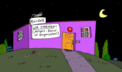 Cartoon: Bordell (medium) by Leichnam tagged prostitution,freudenhaus,bordell,streik,notdienst,geschlossen,arbeitskampf,gewerkschaft,geld,entlohnung