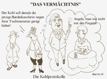 Cartoon: Das Vermächtnis (medium) by quadenulle tagged bundeskanzlerin,tischmanieren,vermächtnis,kohlprotokolle,politik,bücher