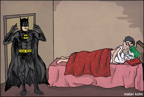 Cartoon: Robin surprises Batman (medium) by matan_kohn tagged robin,batman,funny,comics,thejoker,wtf,superhero,bed,comic,illustration,batmanandrobin,humor,dc,dccomics,love,lgbt