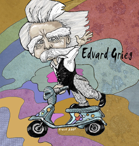 Cartoon: Edvard Grieg (medium) by frostyhut tagged edvard,grieg,classical,music,norwegian,composer,moustache,moped