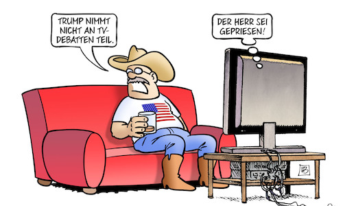 Cartoon: Trump nicht zu TV-Debatten (medium) by Harm Bengen tagged trump,tv,debatten,usa,wahlkampf,harm,bengen,cartoon,karikatur,trump,tv,debatten,usa,wahlkampf,harm,bengen,cartoon,karikatur