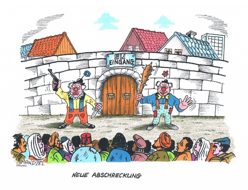Cartoon: Clowns -- abschreckend! (medium) by mandzel tagged abwehr,clowns,immigration,flüchtlinge,abschottung,eu,eu,abschottung,flüchtlinge,immigration,clowns,abwehr