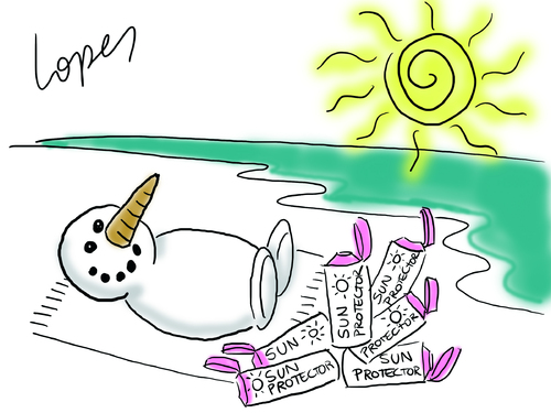 Cartoon: Snowman on Vacation (medium) by Lopes tagged snowman,vacation,sun,protection,beach,winter,summer,sand