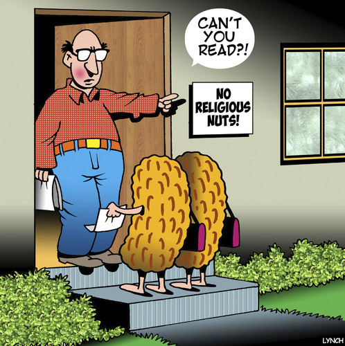 Cartoon: Religious nuts (medium) by toons tagged door,knocking,mormans,peanuts,jehovahs,witness,door,knocking,mormans,peanuts,jehovahs,witness