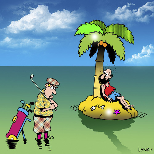 Cartoon: the lost ball (medium) by toons tagged golf,desert,island,sport,marooned,castaway,links,clubs,ball