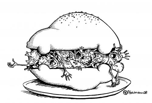 Cartoon: Auto-Burger (medium) by Pfohlmann tagged biosprit,hungerkatastrophe,auto,fahrzeug,skelett,nahrung,lebensmittel,essen,biosprit,wirtschaft,öko,hungerkatastrophe,katastrophe,hunger,burger,hamburger,fast,food,leichen,tote,verhungert,hungersnot,not,sterben,entwicklungsländer