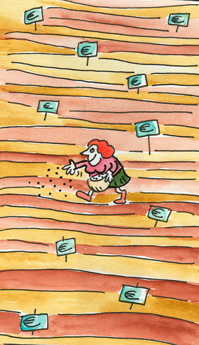 Cartoon: geld finanzen (medium) by sabine voigt tagged geld,finanzen,sparen,bank,sähen,landwirtschaft,subventionen,ökologie,nachhaltigkeit,bio