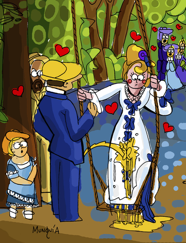 Cartoon: Piss and love (medium) by Munguia tagged peace,gold,painting,famous,parody,renoir,auguste,swing,the,love,and,rain