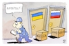 Cartoon: Der Westen liefert (small) by Kostas Koufogiorgos tagged karikatur,koufogiorgos,westen,lieferung,bote,paket,waffen,sanktionen,ukraine,russland