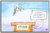 Cartoon: MSC (small) by Kostas Koufogiorgos tagged karikatur,koufogiorgos,illustration,cartoon,msc,münchen,2019,frieden,friedenstaube,ufo,sicherheitskonferenz,tagung