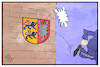 Cartoon: Puigdemont ist draußen (small) by Kostas Koufogiorgos tagged karikatur,koufogiorgos,illustration,cartoon,puigdemont,neumuenster,schleswig,holstein,wappen,gefaengnis,haftanstalt,jva,freilassung,gerichtsurteil,katalonien,separatismus