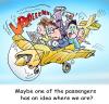 Cartoon: Lost in the sky (small) by illustrator tagged navigation,sky,air,aeroplane,airplane,pilot,orientation,problem,lost,passenger,sick,dizzy,flying,flight,illustrator,illustration,peter,welleman,cartoon,satire,comic,gag,editorial,blue