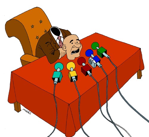 Cartoon: head press conference (medium) by Medi Belortaja tagged microphones,media,chief,speech,conference,press,head