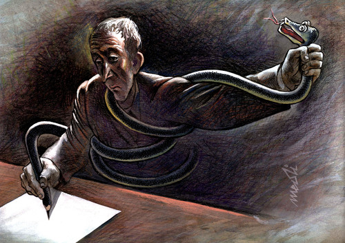 Cartoon: snakepencil (medium) by Medi Belortaja tagged writting,writter,jurnalists,man,speech,fridom,pencil,snake
