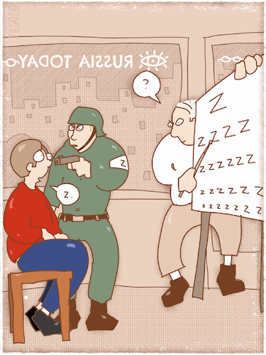 Cartoon: Russia today (medium) by hollers tagged russia,today,tv,broadcast,optician,soldier,war,ukraine,democracy,journalism,free,speech,russia,today,tv,broadcast,optician,soldier,war,ukraine,democracy,journalism,free,speech