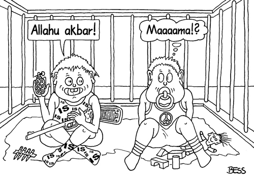 Cartoon: früh übt sich (medium) by besscartoon tagged kinder,religion,islam,is,allahu,akbar,spiel,laufstall,migration,integration,christentum,gewalt,deutschland,bess,besscartoon