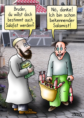 Cartoon: Salamist (medium) by besscartoon tagged islam,salafismus,salafist,ultrakonservativ,koran,religion,salami,salamist,wurst,bess,besscartoon