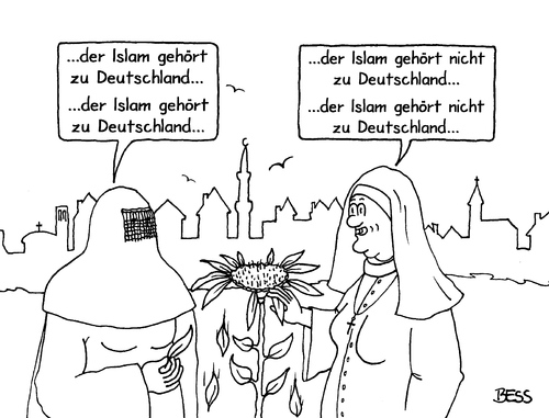 Cartoon: Schwarz-Seher (medium) by besscartoon tagged religion,islam,burka,nonne,migration,integration,christentum,deutschland,bess,besscartoon