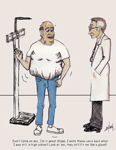 Cartoon: Over weight? Not me! (medium) by optimystical tagged weight,denial,fat,obese,doctor,advice